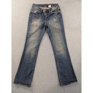 Bongo Jeans Juniors 7 Blue Medium Wash Mid Rise Bootcut Distressed Stretch Denim